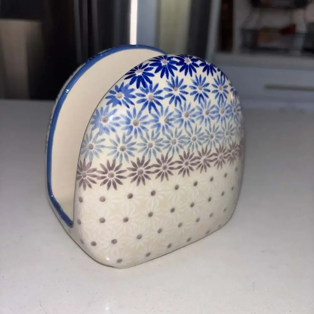 Blue Rose Polish Pottery Napkin Holder in Floral Gradient Pattern